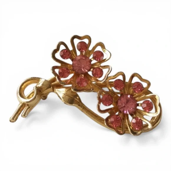 Vintage 1950s CORO Gold-Tone Floral Brooch w/ Pink Rhinestones - Picture 5 of 9